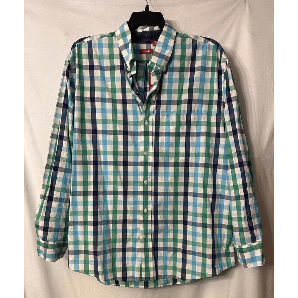 NWT Izod Mens Long Sleeve Button Front Cotton Plaid Shirt Size XL